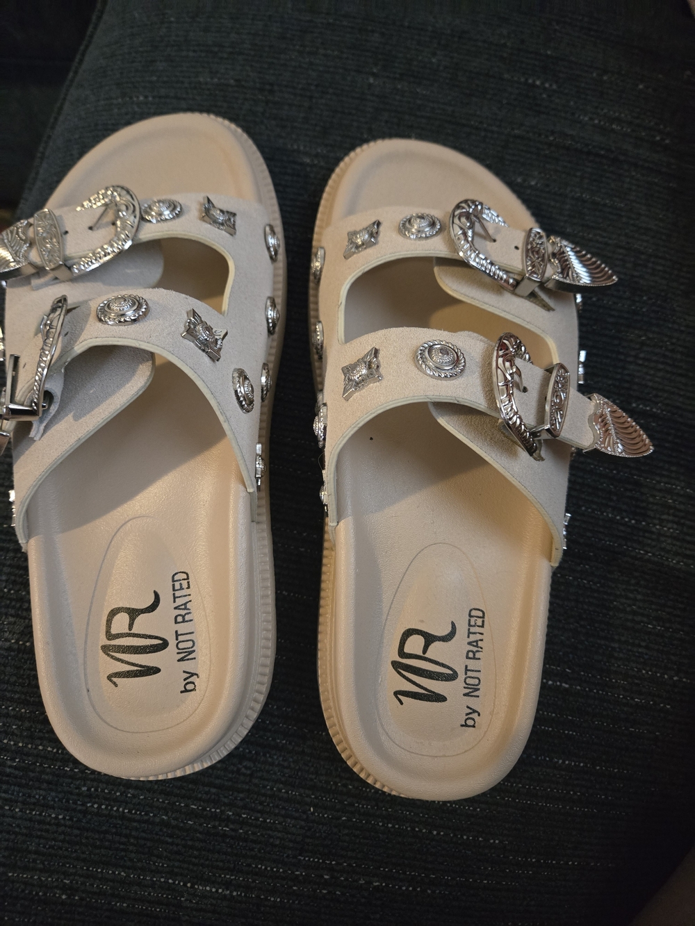 Not Rated Isol Beige Sandals with Silver Buckle Embellishments